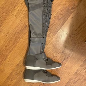 Gray Thigh High Flat Lace up Boots